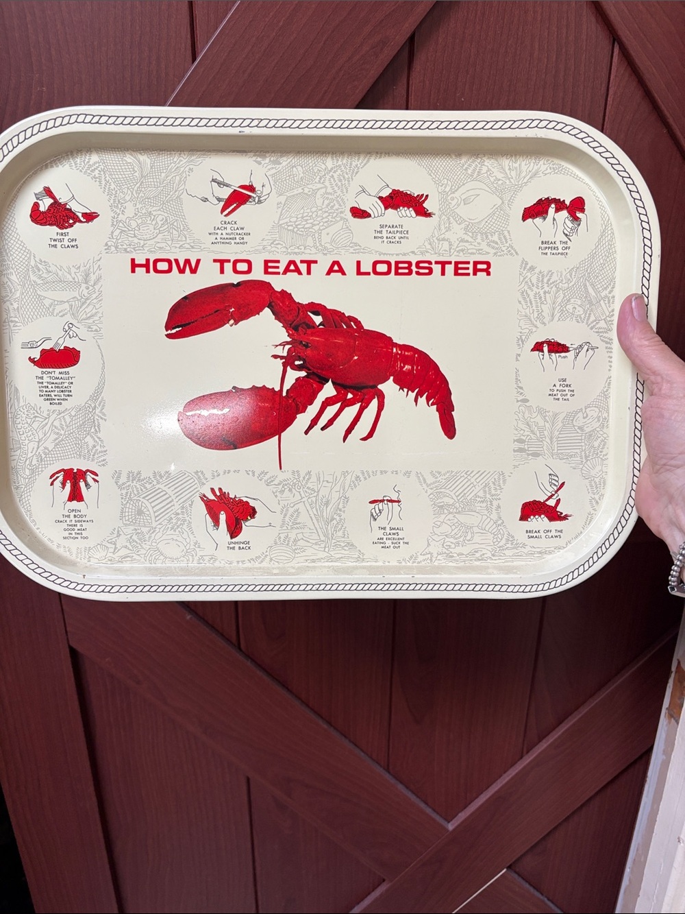 Vintage How to Eat a Lobster Decorative Serving Tray - Red on Cream